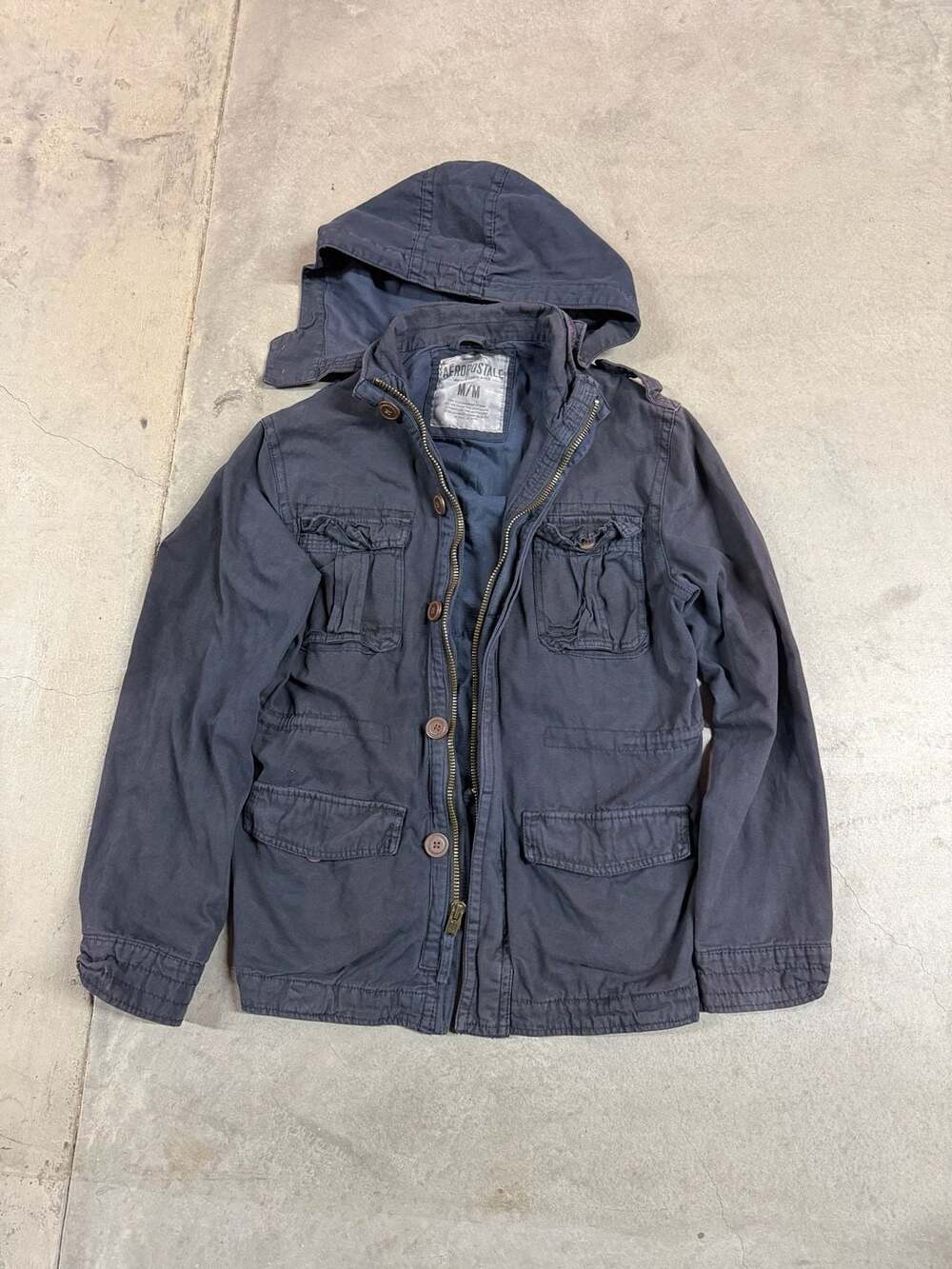 Y2K Aeropostale Vintage Navy Blue Utility Field Cargo Jacket with detachable Hoo